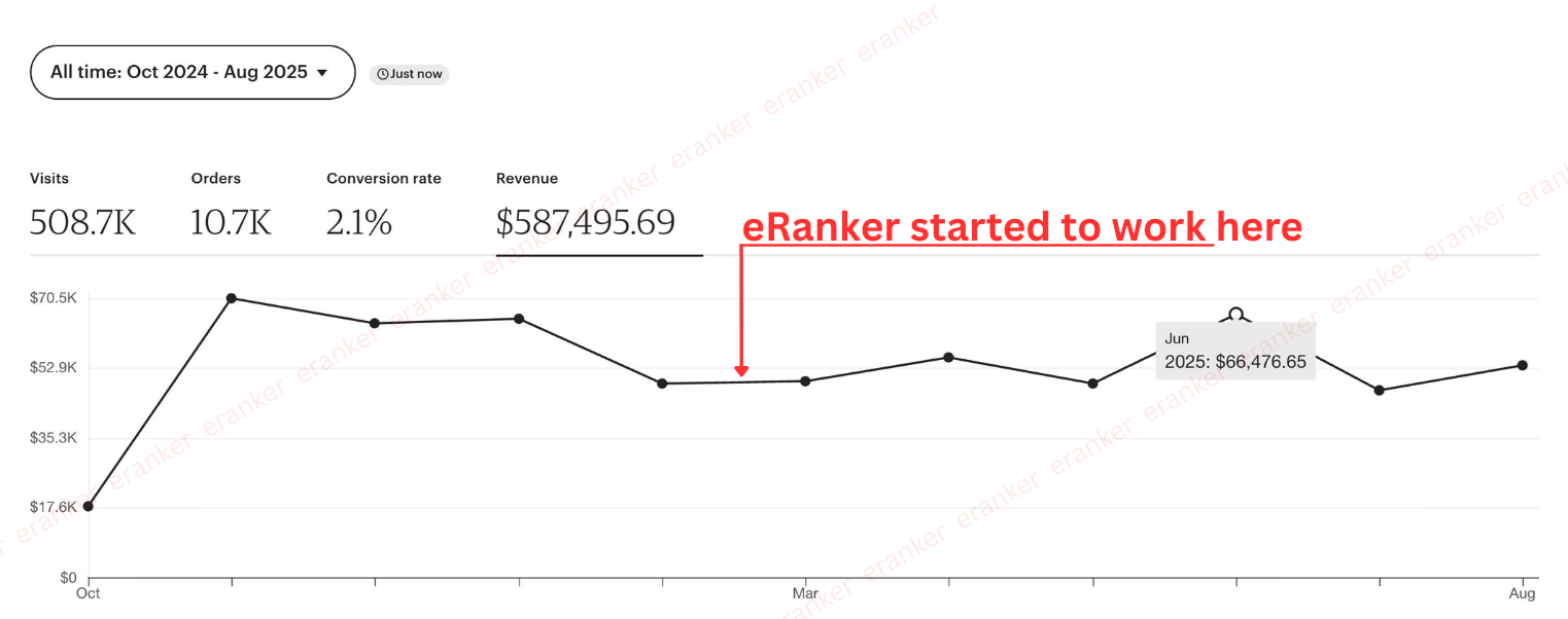 Elena's Etsy shop stats for October 2024 to August 2025, with the eRanker start marked on the revenue graph.