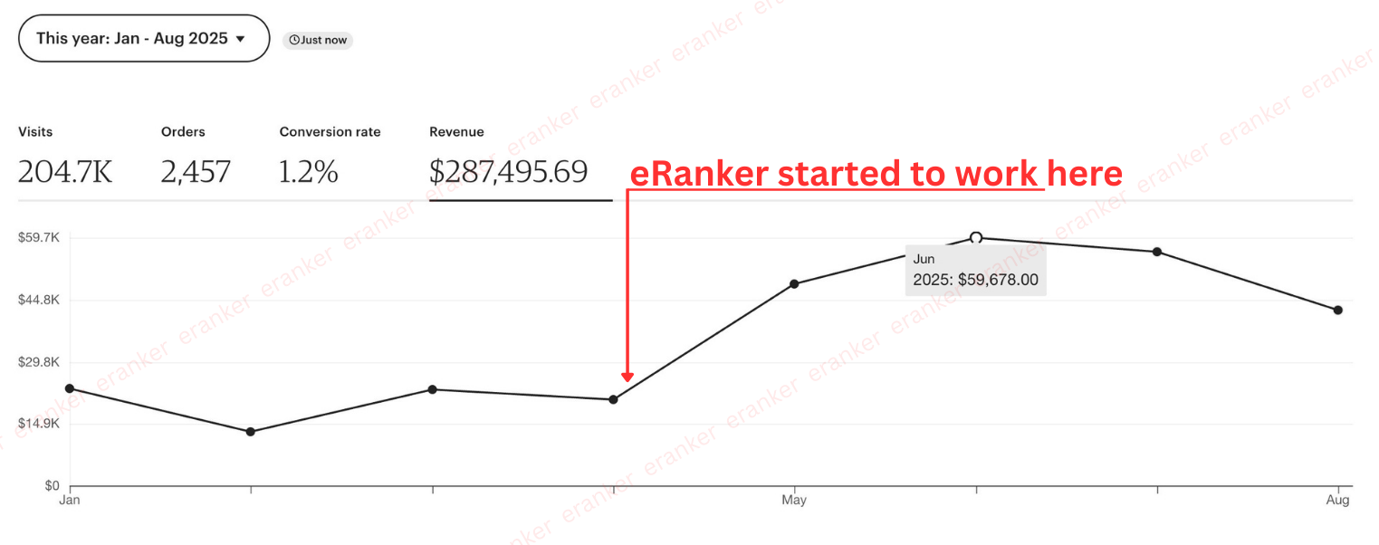 Daniel's Etsy shop stats for January to August 2025, with the eRanker start marked on the revenue graph.