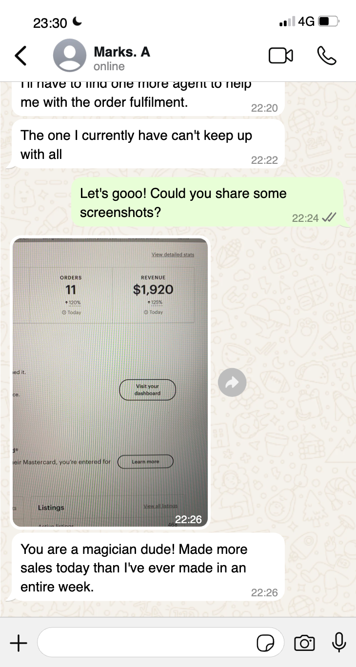 Marks shares his shop dashboard and says he needs another agent to help fulfil the orders.