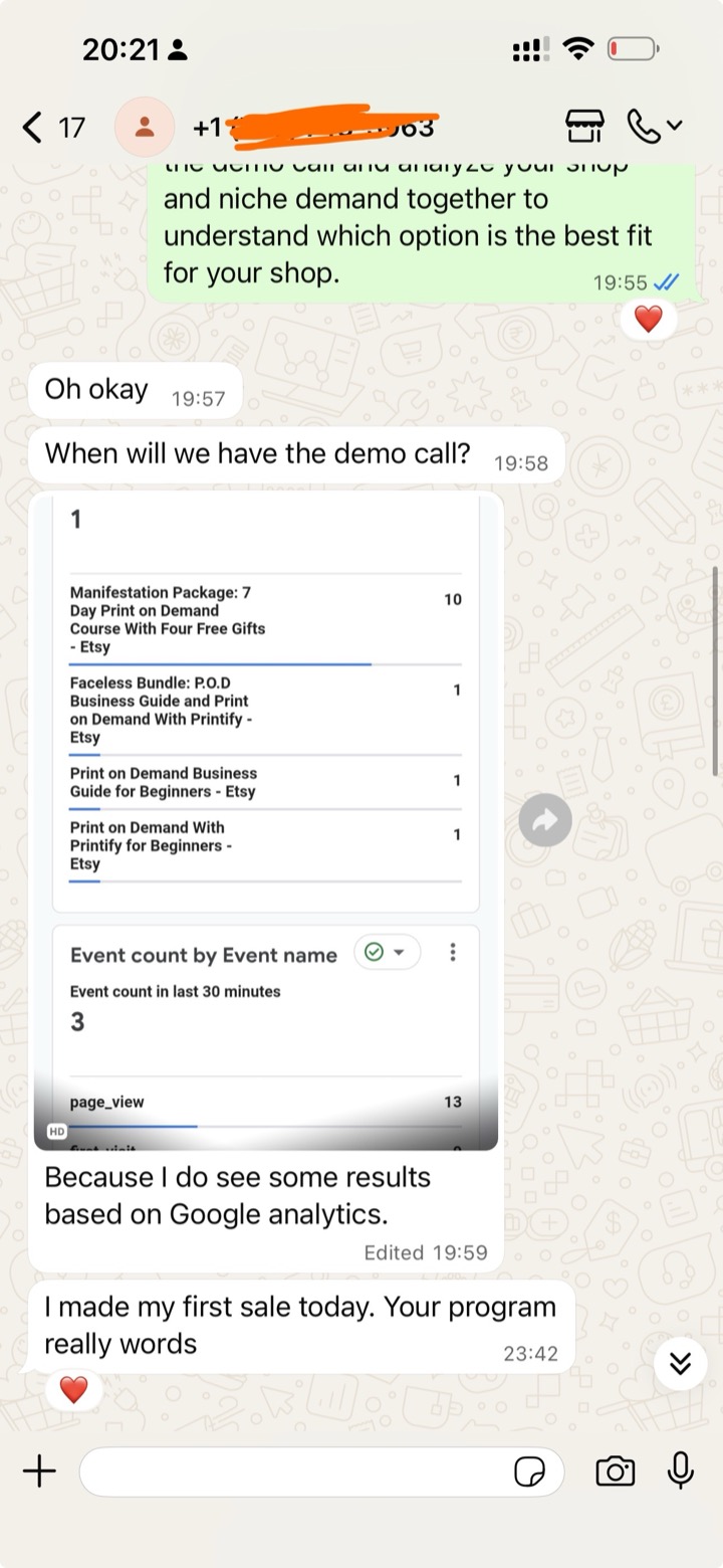 First sale during the trial, confirmed on WhatsApp