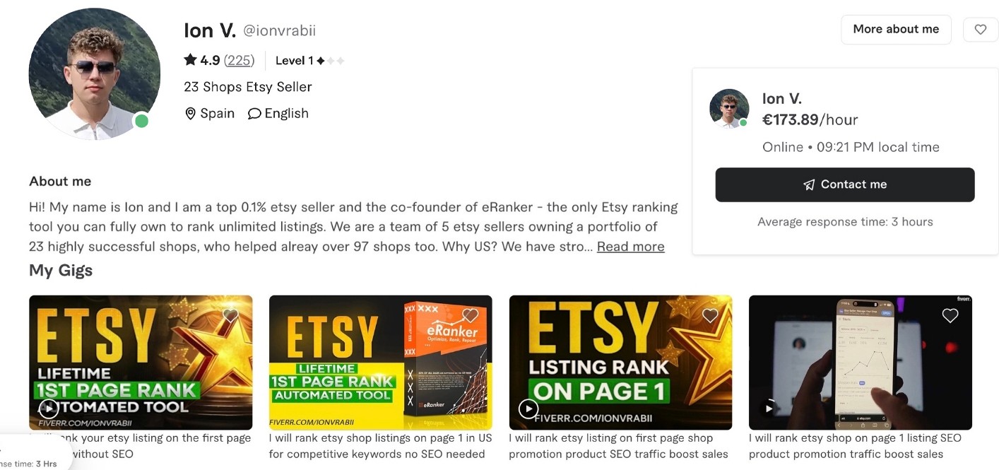 Fiverr profile of Ion V.: 4.9/5 from 225 reviews, Level 1 seller, 23 Etsy shops